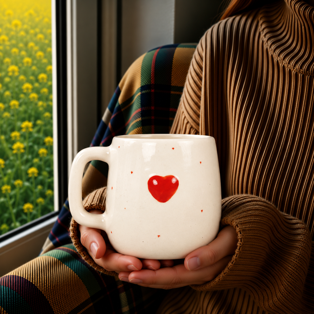 White Ceramic Heart Print Mug – Cute Red Heart Coffee & Tea Cup