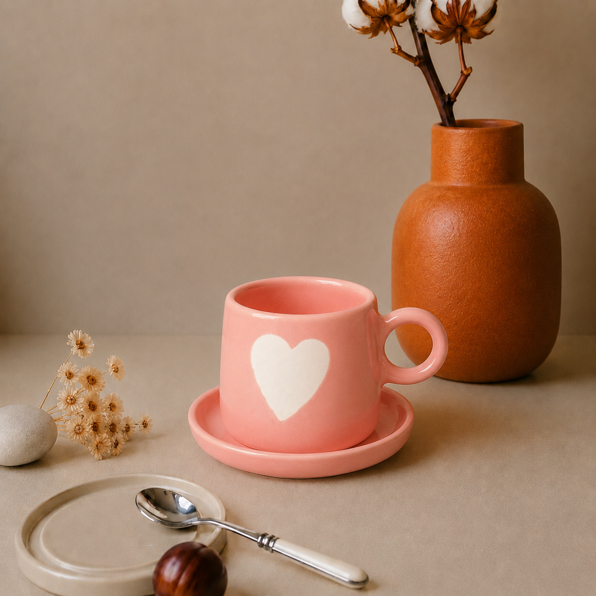Pink Ceramic Heart Mug – Cute White Heart Print Coffee & Tea Cup