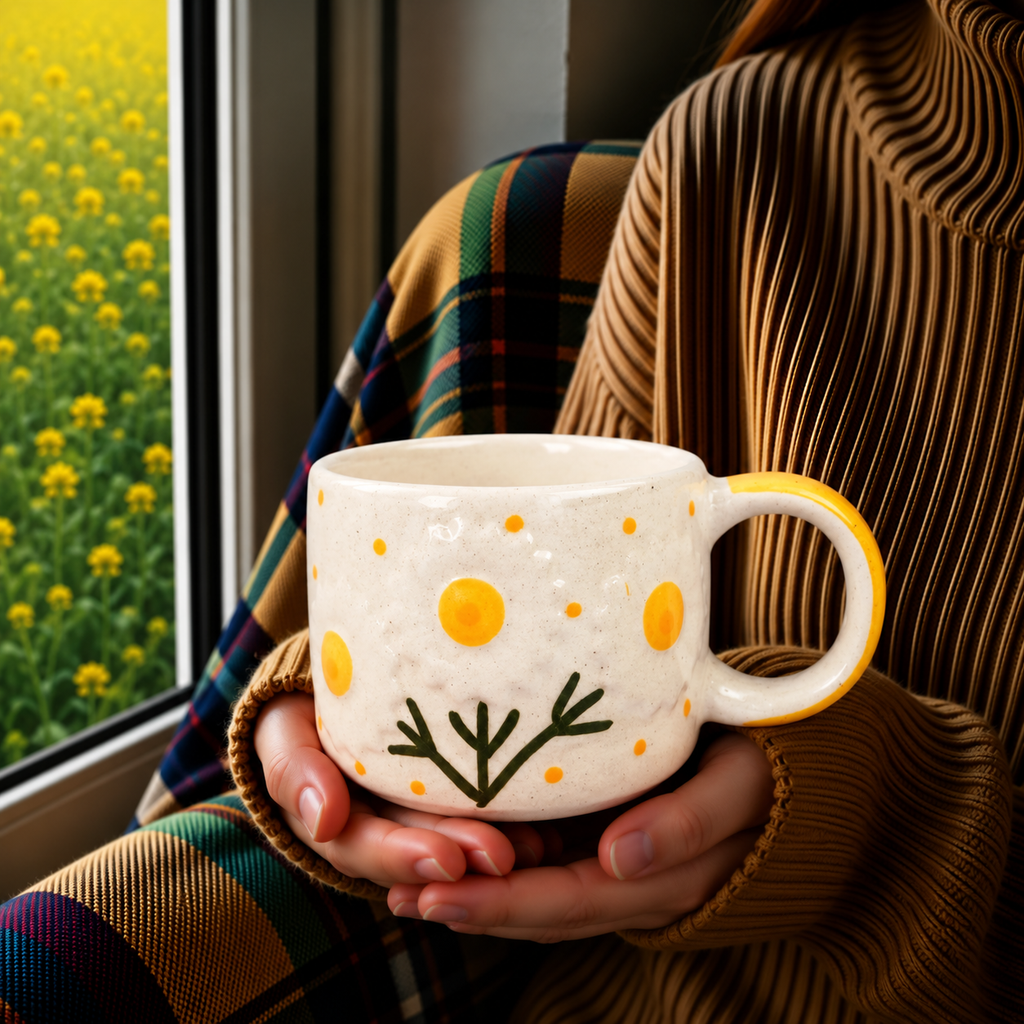 White Ceramic Sunflower Tea Cup & Saucer Set – Cute Floral Coffee Cup with Yellow Handle