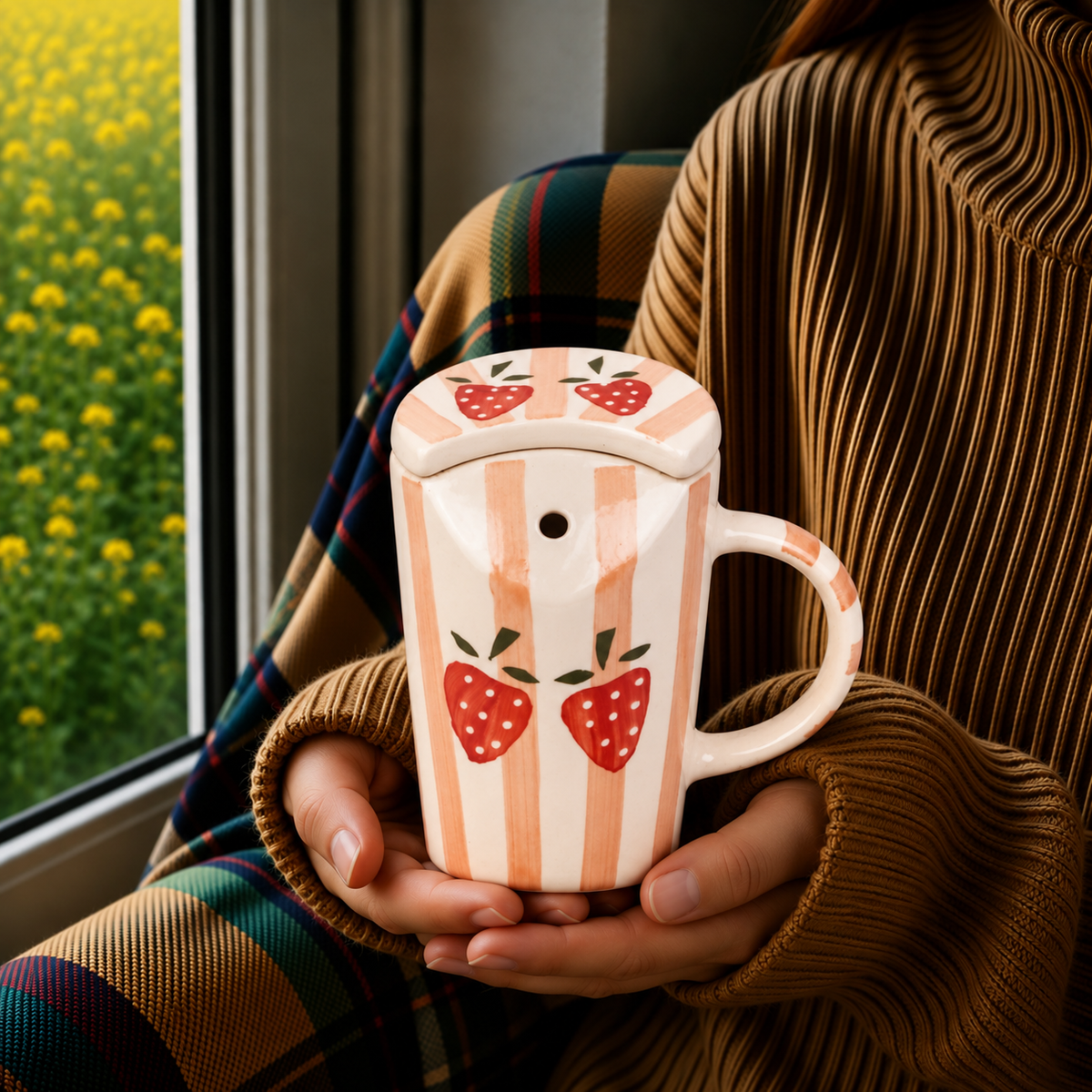 White Ceramic Strawberry Mug with Spoon – Hand-Painted Fruit Print Coffee & Tea Cup Set