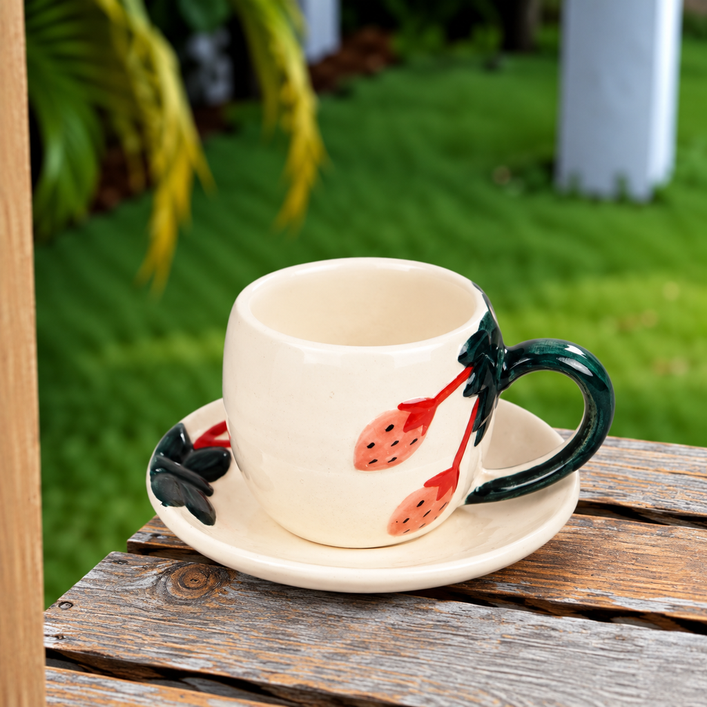 White Ceramic Strawberry Tea Cup & Saucer Set – Hand-Painted Fruit Design Coffee Cup