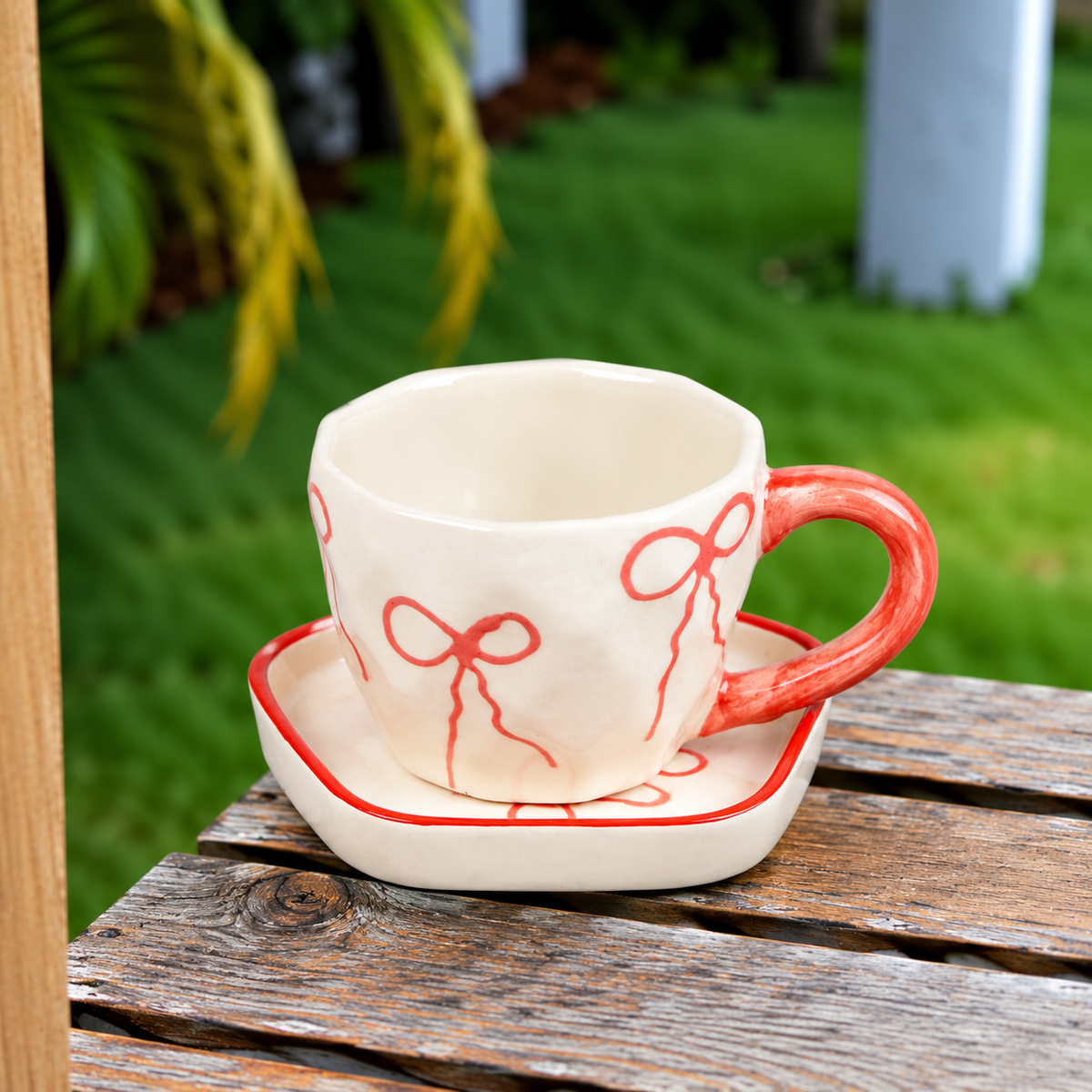 White Ceramic Bow Tea Cup & Saucer Set – Pink Hand-Painted Ribbon Coffee Cup