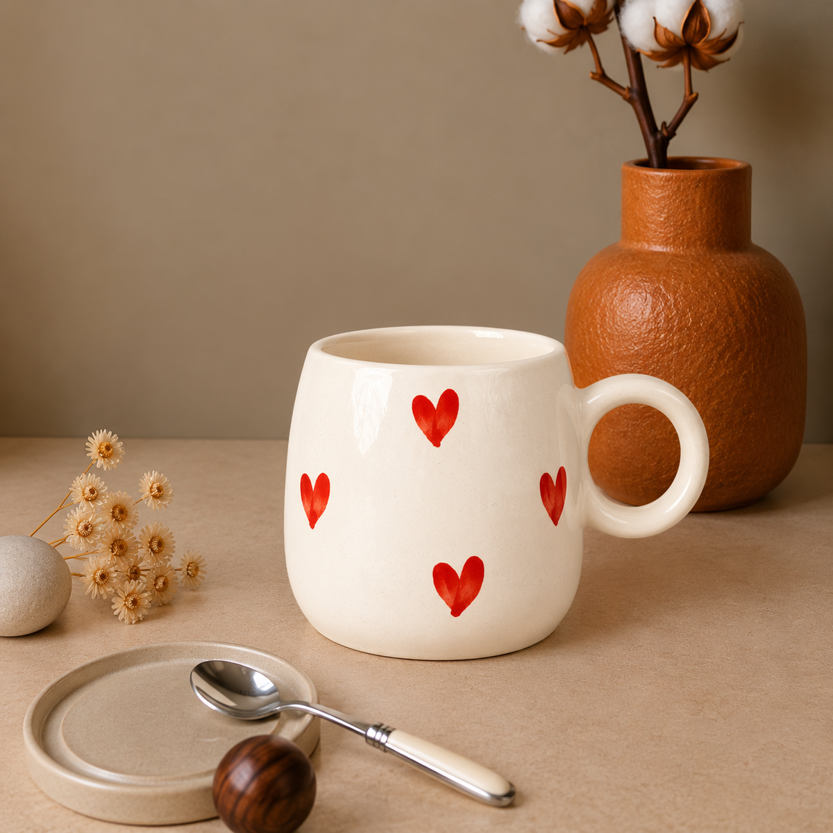White Ceramic Heart Print Mug – Cute Red Heart Coffee & Tea Cup