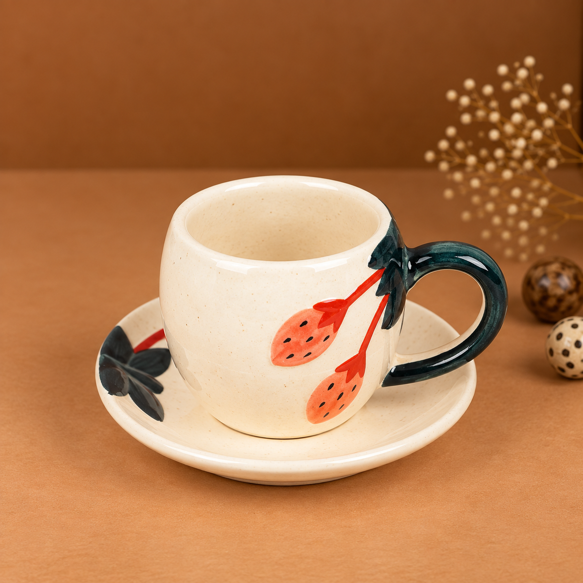 White Ceramic Strawberry Tea Cup & Saucer Set – Hand-Painted Fruit Design Coffee Cup