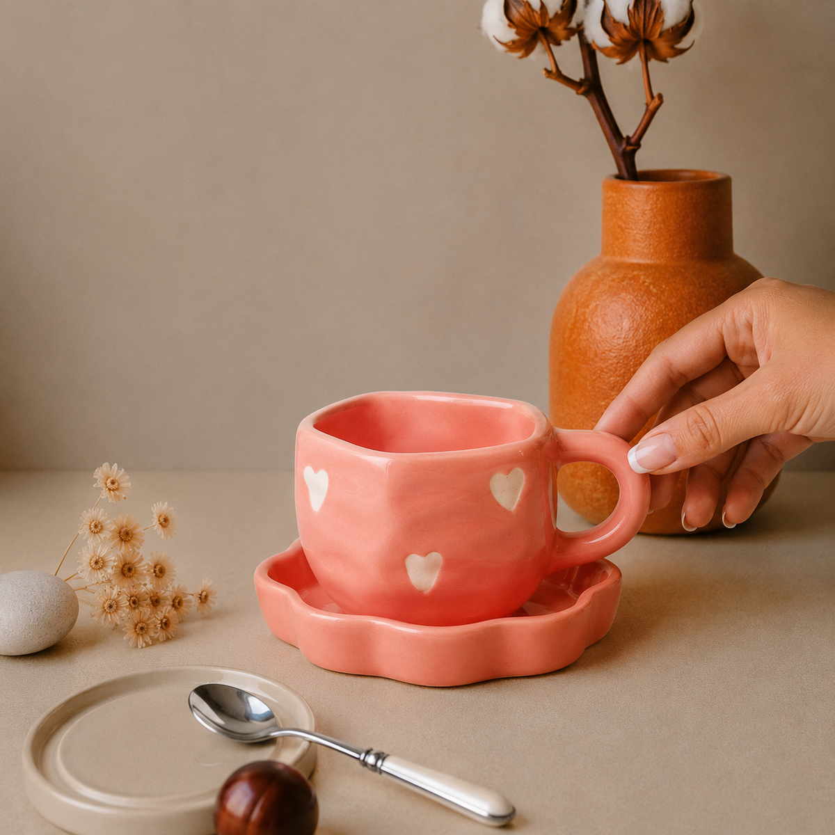Peach Pink Ceramic Heart Mug with Saucer – Cute Aesthetic Coffee & Tea Cup Set