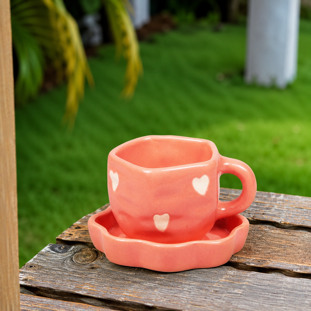 Peach Pink Ceramic Heart Mug with Saucer – Cute Aesthetic Coffee & Tea Cup Set