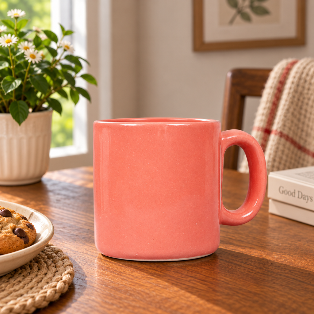 Peach Pink Ceramic Mug with Saucer – Minimalist Glossy Coffee & Tea Cup Set