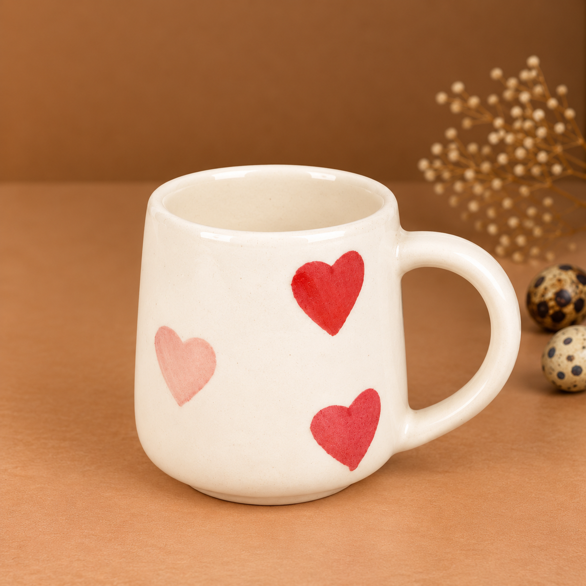 White Ceramic Heart Print Mug – Cute Hand-Painted Love Design Coffee & Tea Cup
