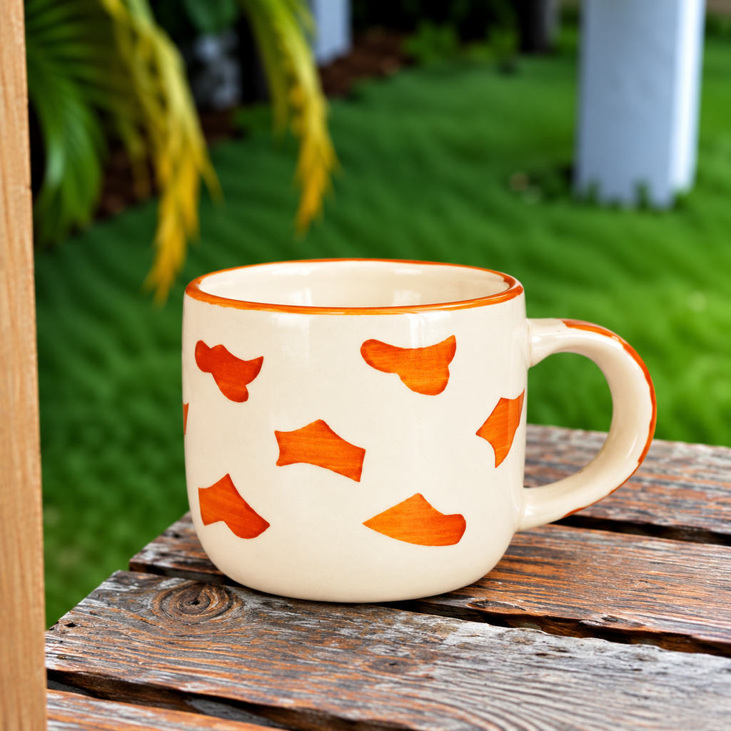 White Ceramic Abstract Pattern Mug – Hand-Painted Orange Print Coffee & Tea Cup