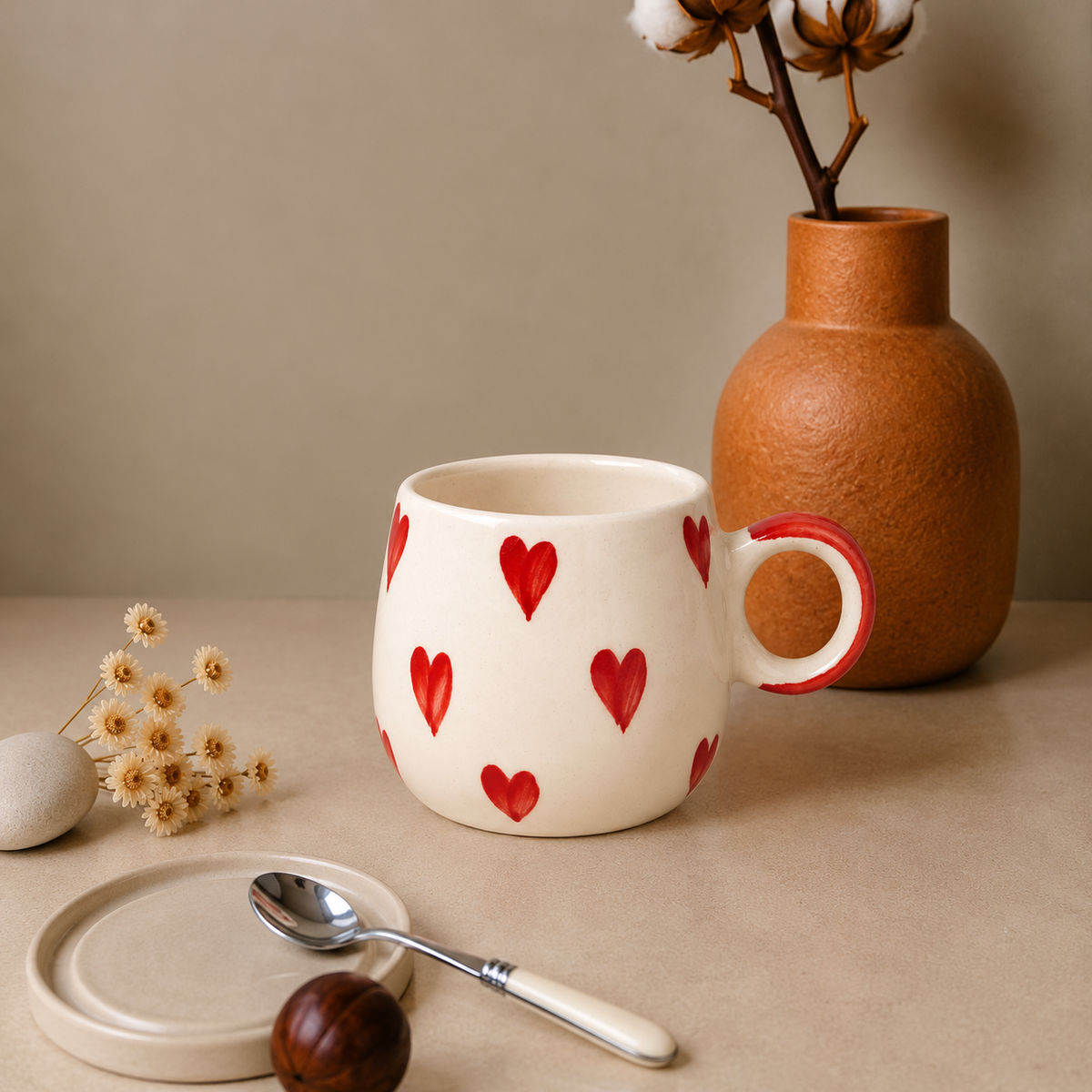White Ceramic Heart Mug – Hand-Painted Red Heart Print Coffee & Tea Cup