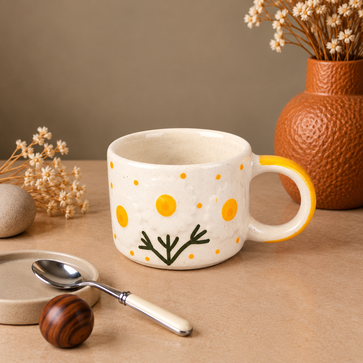 White Ceramic Sunflower Tea Cup & Saucer Set – Cute Floral Coffee Cup with Yellow Handle