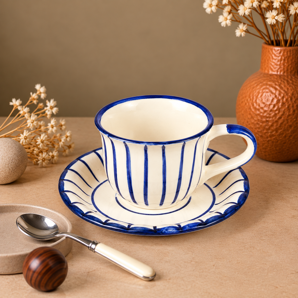 White Ceramic Tea Cup & Saucer Set – Blue Hand-Painted Striped Coffee Cup