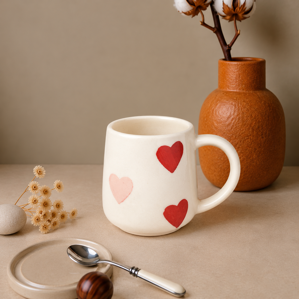 White Ceramic Heart Print Mug – Cute Hand-Painted Love Design Coffee & Tea Cup