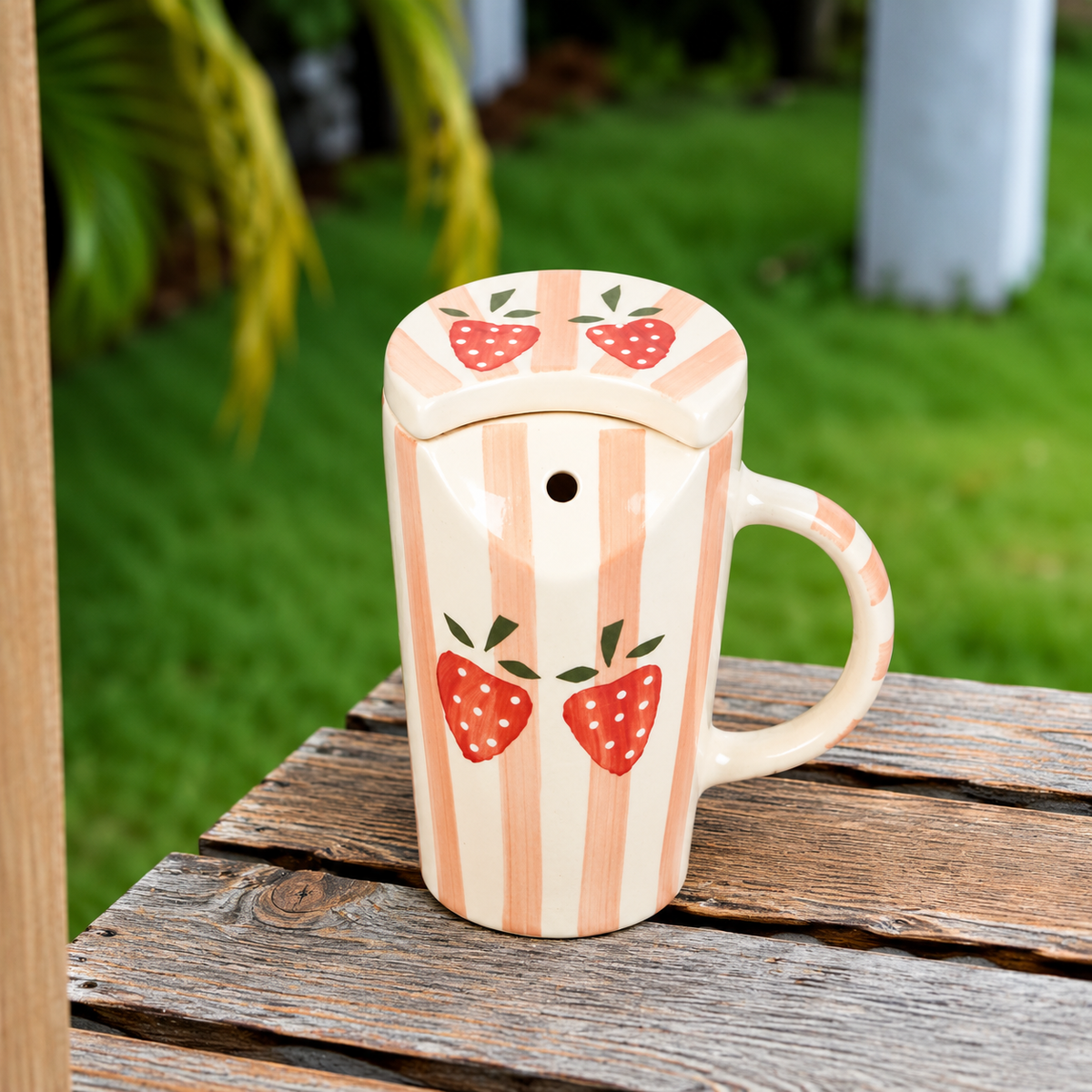 White Ceramic Strawberry Mug with Spoon – Hand-Painted Fruit Print Coffee & Tea Cup Set