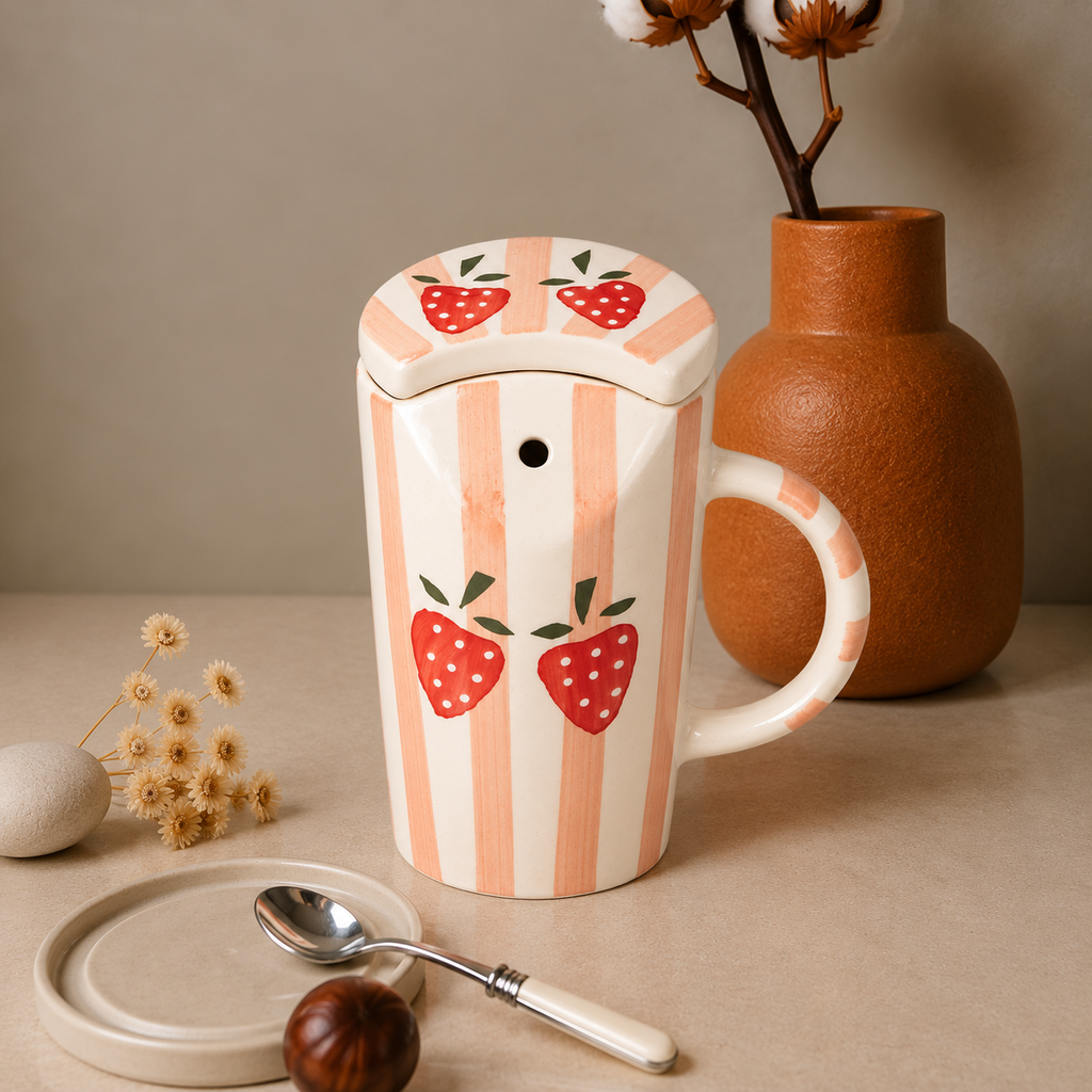 White Ceramic Strawberry Mug with Spoon – Hand-Painted Fruit Print Coffee & Tea Cup Set