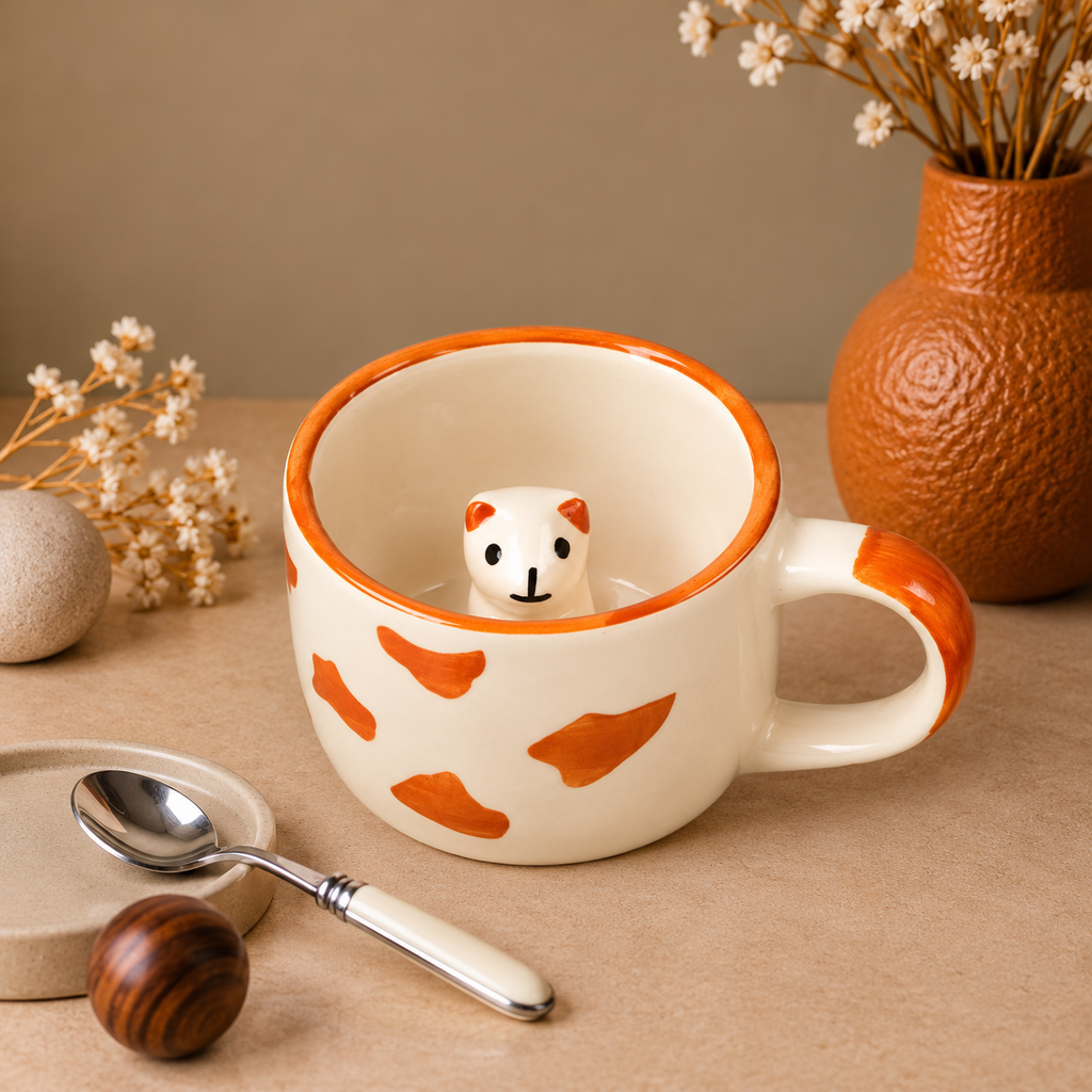White Ceramic Abstract Pattern Mug – Hand-Painted Orange Print Coffee & Tea Cup