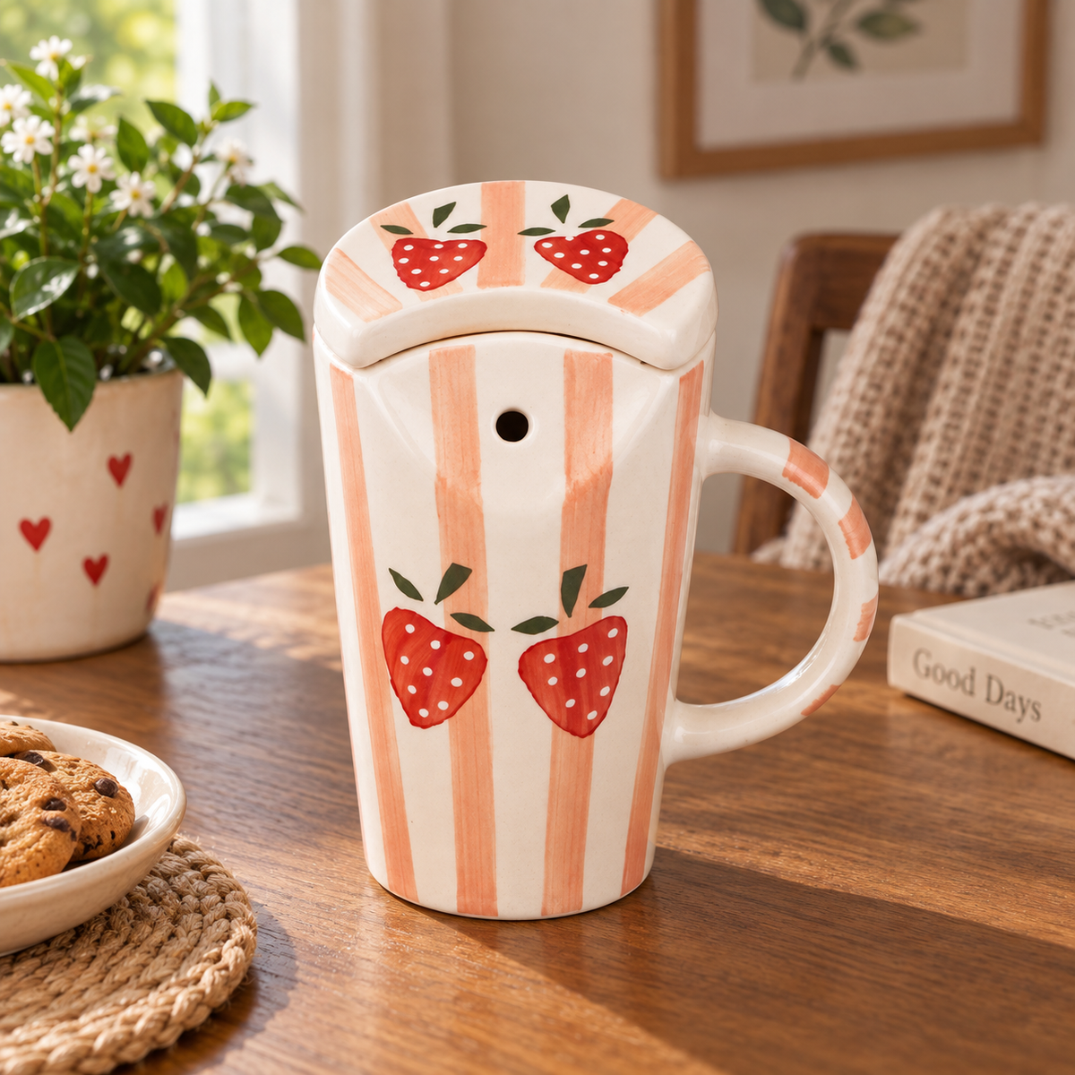 White Ceramic Strawberry Mug with Spoon – Hand-Painted Fruit Print Coffee & Tea Cup Set