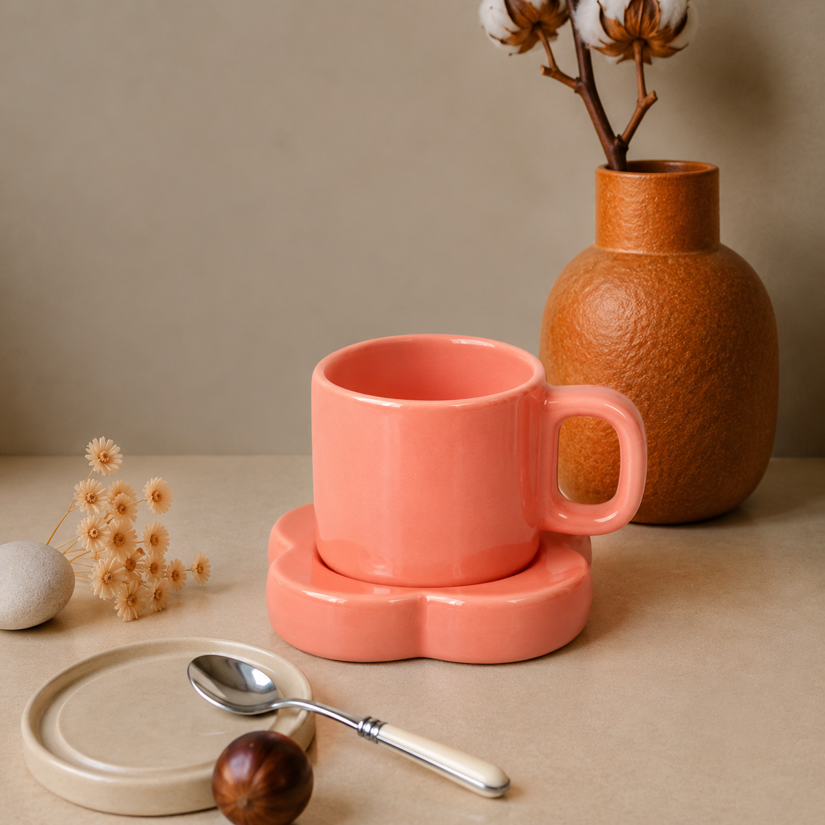 Peach Pink Ceramic Mug with Saucer – Minimalist Glossy Coffee & Tea Cup Set