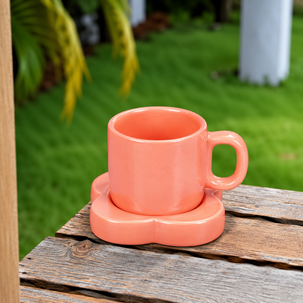 Peach Pink Ceramic Mug with Saucer – Minimalist Glossy Coffee & Tea Cup Set