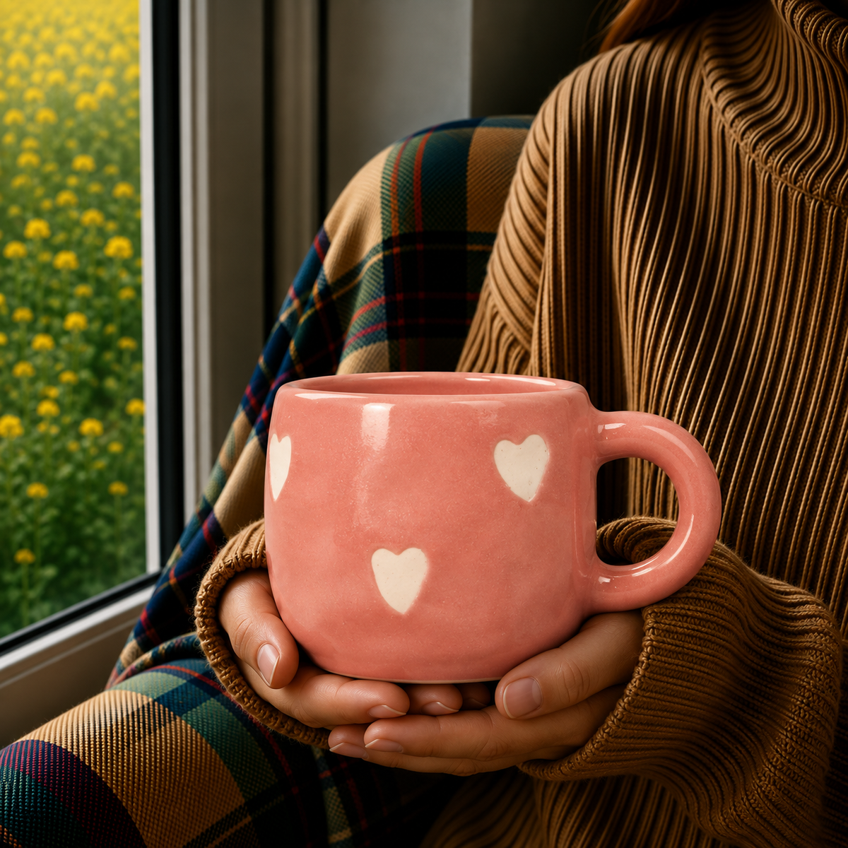 Peach Pink Ceramic Heart Mug with Saucer – Cute Aesthetic Coffee & Tea Cup Set