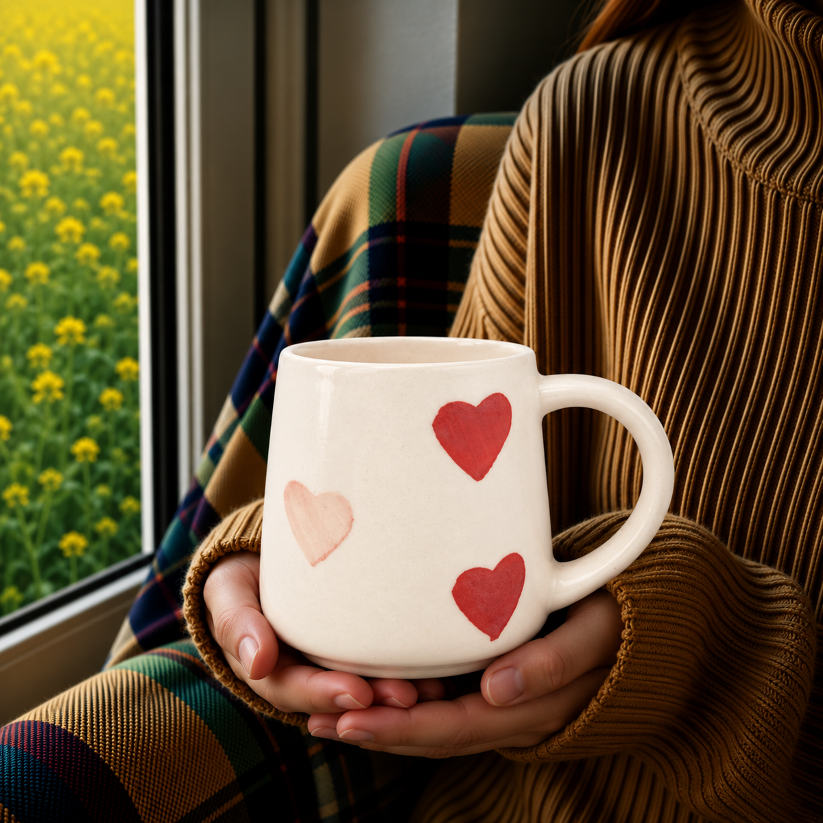 White Ceramic Heart Print Mug – Cute Hand-Painted Love Design Coffee & Tea Cup