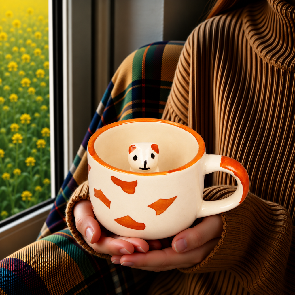White Ceramic Abstract Pattern Mug – Hand-Painted Orange Print Coffee & Tea Cup