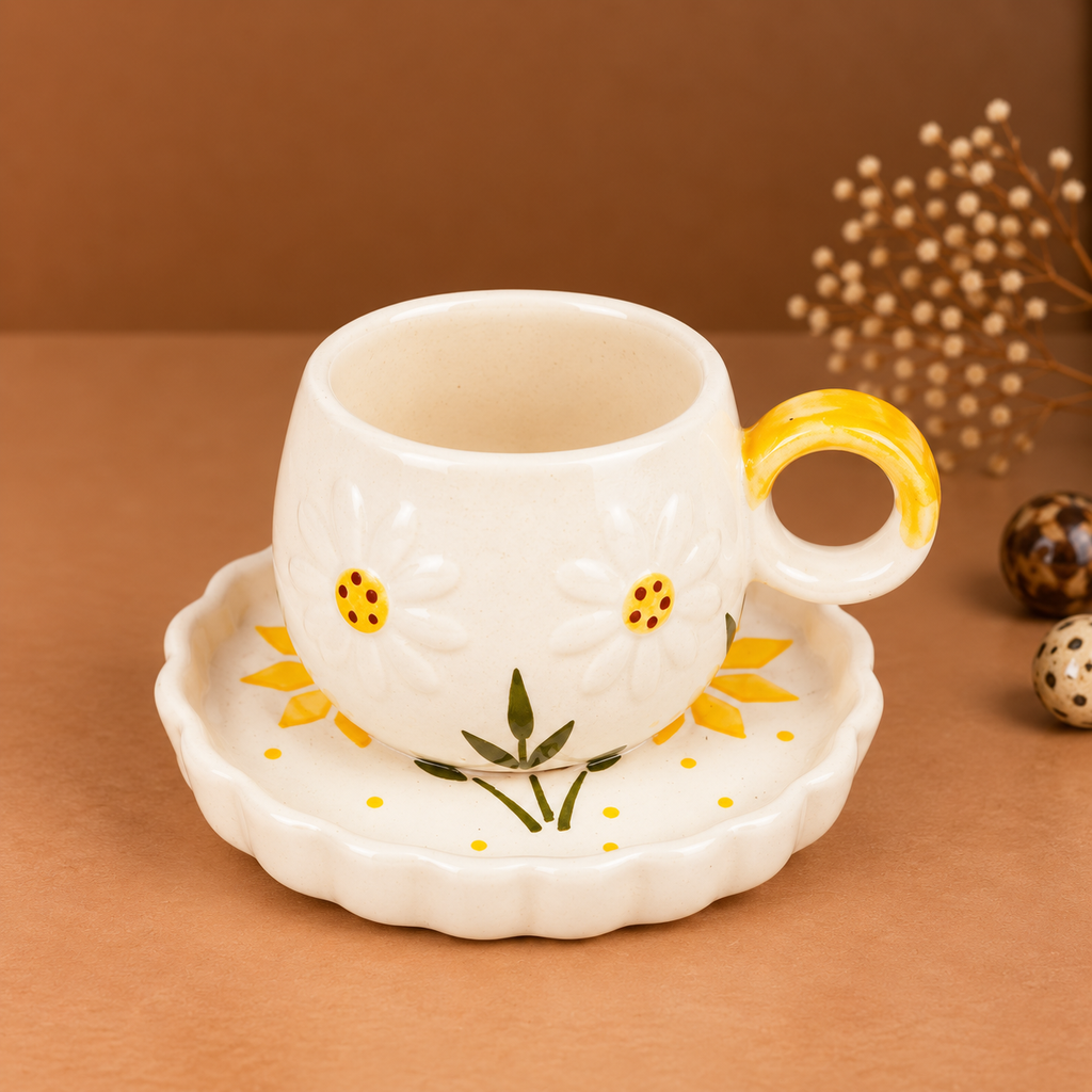White Ceramic Sunflower Tea Cup & Saucer Set – Cute Floral Coffee Cup with Yellow Handle