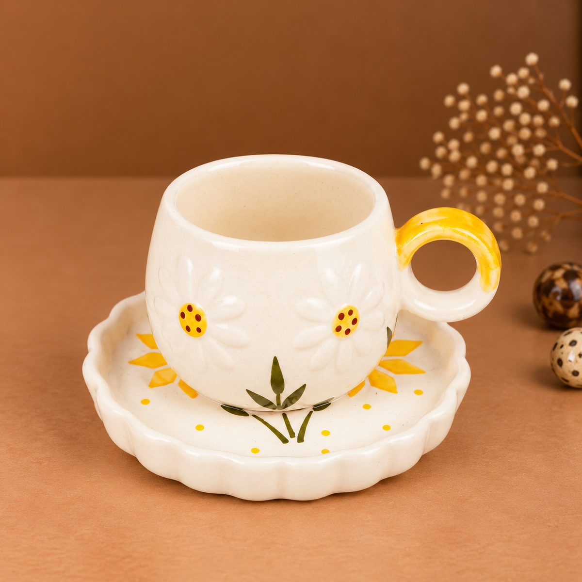White Ceramic Sunflower Tea Cup & Saucer Set – Cute Floral Coffee Cup with Yellow Handle