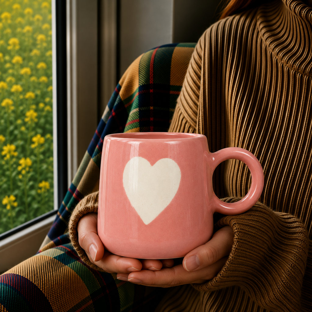 Pink Ceramic Heart Mug – Cute White Heart Print Coffee & Tea Cup