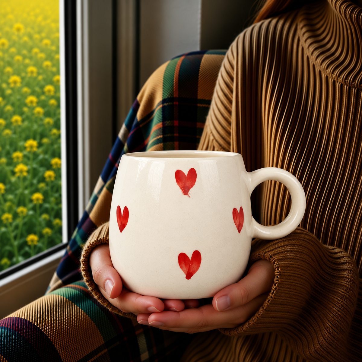 White Ceramic Heart Print Mug – Cute Red Heart Coffee & Tea Cup