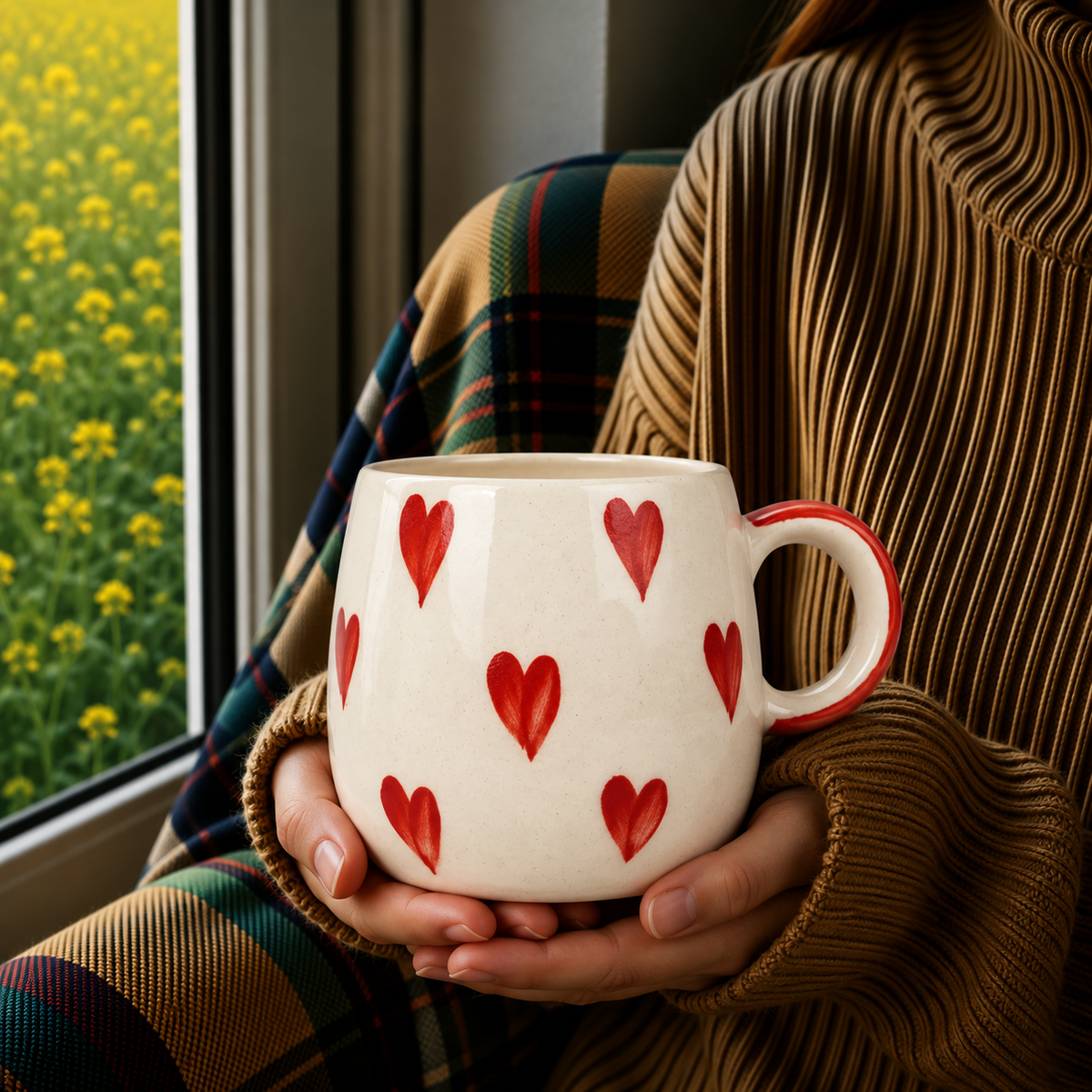 White Ceramic Heart Mug – Hand-Painted Red Heart Print Coffee & Tea Cup