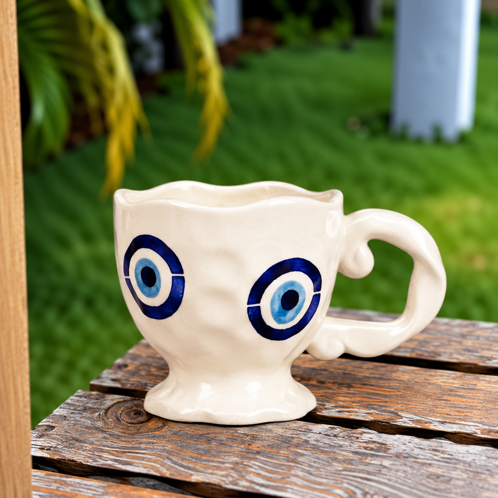 White Ceramic Eye Mug – Cute Blue Evil Eye Inspired Coffee & Tea Cup