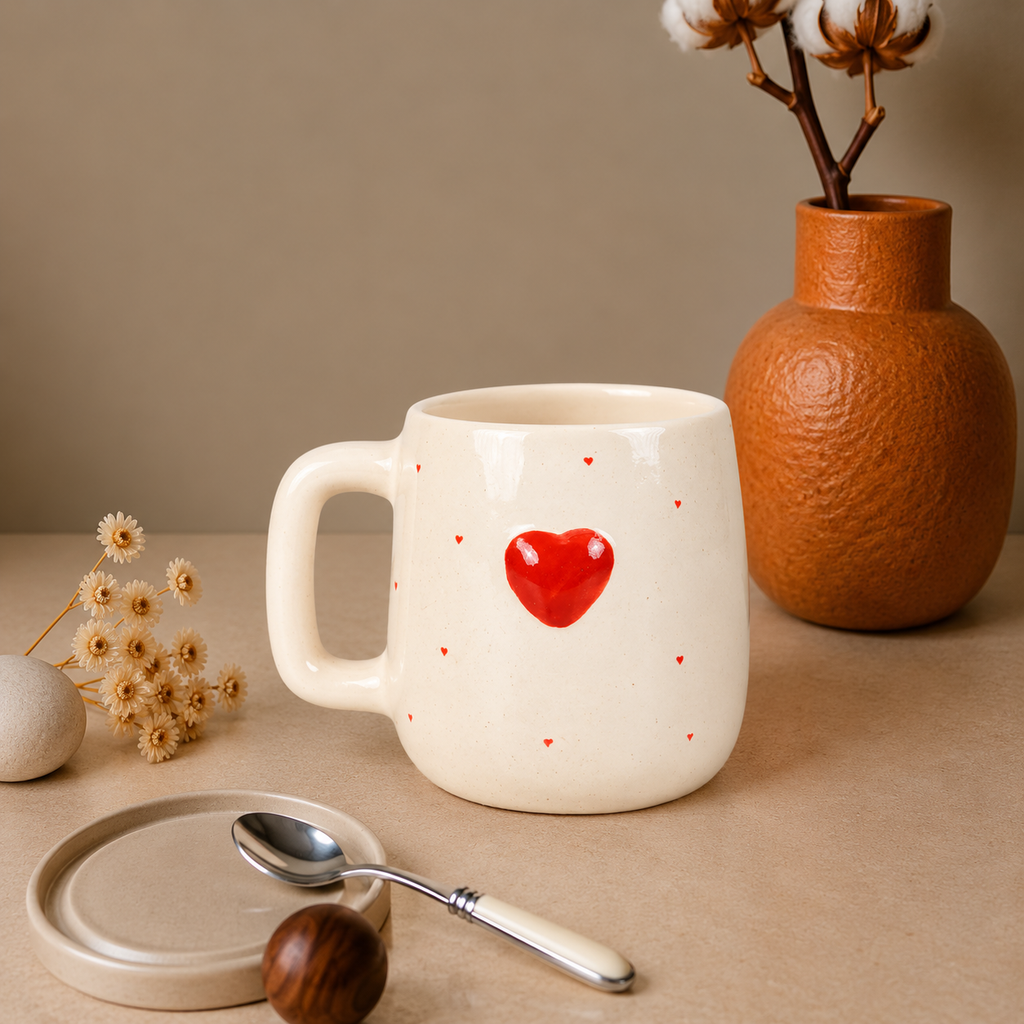 White Ceramic Heart Print Mug – Cute Red Heart Coffee & Tea Cup