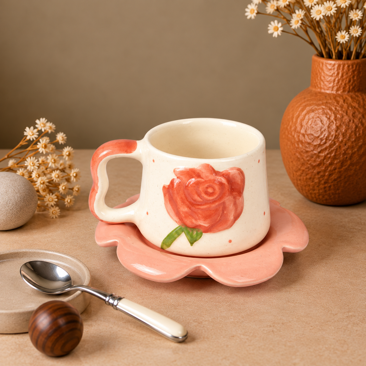 White Ceramic Rose Tea Cup & Saucer Set – Pink Floral Coffee Cup with Flower-Shaped Saucer